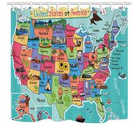 NYMB Kids Map of The United States Bath Curtain, Cartoon Fun Facts Geography USA Map, Polyester Fabric Waterproof Shower Curtain for Bathroom, Shower Curtains Hooks Included, Turquoise Red (69X70in)