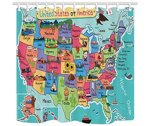 NYMB Kids Map of The United States Bath Curtain, Cartoon Fun Facts Geography USA Map, Polyester Fabric Waterproof Shower Curtain for Bathroom, Shower Curtains Hooks Included, Turquoise Red (69X70in)