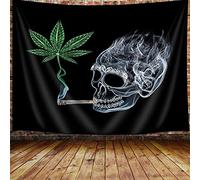 NYMB Psychedelic Weed Tapestry - Hippie Boho Cannabis Leaves Wall Hanging, Smoking Skull With Green Marijuana for Dorm Decor Living Room Bedroom - Black Small Poster, 40X30in