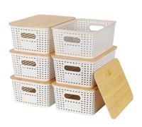 Nymblis 6Pcs Storage Box with Lid, Plastic Stackable Storage Baskets with Bamboo Lids, Plastic Storage Bins Containers for Kitchen Bathroom Cabinets Organization (25.4x18.4x10.7cm)