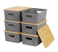 Nymblis 6Pcs Storage Boxes with Lids, Stackable Storage Baskets with Bamboo Lids, Plastic Lidded Storage Bins Containers for Kitchen Bathroom Cabinets Organization,Grey