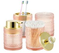 Nymblis Bathroom Accessory Set, 4Pcs Glass Bathroom Accessories Set of Soap Dispenser, Toothbrush Holder, Tumbler and Cotton Swab Jars, Luxury Decorations for Home Apartment, Vintage Gift