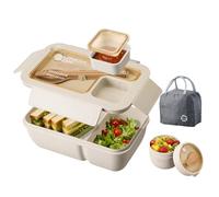 Nymblis Bento Lunch Box Adults, Bento Box Set with Cutlery, Lunch Bag, Oats Container, Leakproof Meal Prep Container for Food Storage, Lunchbox for Kids, School, Office, Picnic(Beige)