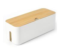 Nymblis Large Cable Tidy Box, Sturdy Cable Organiser with Bamboo Lid, White | Cord Management, wire Storage, hides power strips and extension leads, for office, home