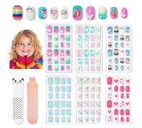 Nymora 144 Pcs Kids Stick on Nails, Press on Fake Nail Tips for Children with 6 Fun Themes (Rainbows, Butterflies, Stars, Unicorns, Hearts), Pre-glued & Easy to Apply