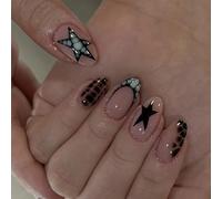 Nymora 24 Piece Black Star French Press On Nails False Nails Set with Jelly Glue- Medium Almond Shiny Acrylic Nail for Women Girls