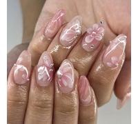 Nymora 24pcs 3D Floral Press on Nails Almond Medium False Nails Acrylic Press on Nails with Gel Glue Kit Pink Gradient Press on Nails for Women Girls