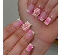 Nymora 24pcs Blush Gradient French Tip Embossed Floral Press on Nails, Short Square Fake Nails with 3D Design, Full Cover Stick on Nail with Jelly Glue