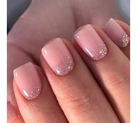 Nymora 24Pcs False Nails Short Square, Gradient White Pale Pink French Fake Nail, Impress Nails Press On with Elegant Design for Women Girls