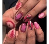 Nymora 24pcs Short Square French False Nails Pink White Tip Press On Nails Short Gradient Acrylic Full Cover with Designs Women Girls Nail Art Accessories Jell-O Gel Strip Red Gold Edge