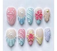 Nymora 30pcs 3D Press on Nails Short, French Tip False Nails with Jelly gel & File, Press on Nails, Medium Almond Fake Nails Glossy Nude Blue Tips