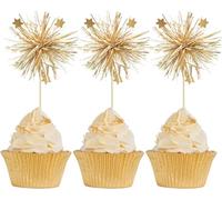 Nymora 30Pcs Foil Firework Cupcake Toppers Happy Birthday Cake Toppers Sparkle Tinsel Flower Drink Stirrers Cocktail Food Fruit Toothpicks for Valentine's Day Party Supplies Gold