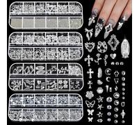 Nymora 4 Boxes Silver Nail Charms, Y2K Style Nail Gems Rhinestones with Tweezers, Assorted Stars Hearts Pearls Nail Art Charms for Women Girls Nail Art DIY Accessories