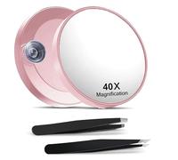 Nymora 40x Magnifying Mirror with 2 Suction Cups and Slant Tweezers, 3.5 Inches, Cosmetic Mirrors for Precise Makeup, Eyebrow Plucking & blackheads Romoving (Pink)