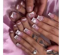 Nymora 48 Pcs Pink Press On Nails Medium Square & Press On Toenails Set - Spring White French Fake Nails Nail Art Tip Glue on Nails Acrylic Kit False Toe with 3D Flower