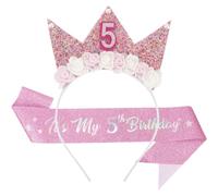 Nymora 5th Birthday Hairband & Glitter Sash Set for Girls - Princess Party Decorations for Girls - 5th Birthday Decorations Girl