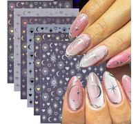 Nymora 6 Sheets Star Nail Decals for Nail Art Gold Silver Laser Stars Moon Nail Art Stickers 3D Self-Adhesive Black White Star Moon Sun Nail Design Decals Celestial Nail Stickers