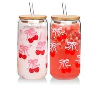 Nymora Cherries & Bows Glass Cups with Lids and Straws, 16OZ Cherry Decor Iced Coffee Cups, Coquette Cute Drinking Glasses, Mother's Day & Birthday Gift for Women - Set of 2