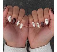 Nymora Fall Press on Nails Medium Long Almond, Brown False Nails Press on with 3D Floral Design Fake Nails Full Cover Glossy Artificial Autumn Flower Glue on Nail for Women