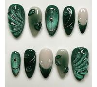 Nymora Handmade Press-on-Nail Set - 24 Pieces Black Green 3D Trap Leaf Jelly Gel Nails to Stick False Nails - Perfect for Women Girls