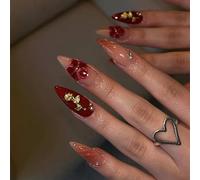 Nymora Handmade Press On Nails Almond Set - 24 Pieces Long Almond Shape Jelly Gel False Nails with Red 3D Flower Design - Durable and Comfortable, Easy to Use for Women and Girls