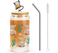 Nymora Highland Cow Glass Cup with Lid and Straw, 16oz Cute Tumbler for Iced Coffee, Cocktails, and Drinks, Highland Cow Gift for Women and Girls (A)