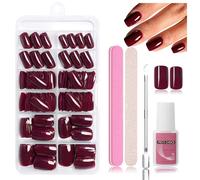 Nymora Press on Nails 240 Pieces False Nails for Glue, Soft Gel Tips, ABS Material, Includes Nail Glue 8ml, Nail File, Cuticle Pusher, Storage Box (Crimson Red Square)