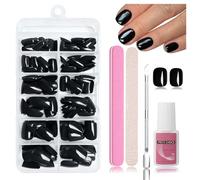 Nymora Press on Nails, 240 Pieces Glue On False Nails, Soft Gel Tips, ABS Material, Includes Nail Glue 8ml, Nail File, Cuticle Pusher, Storage Box (Black - Square)
