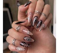 Nymora Press On Nails Almond Set | Handmade 24pcs Elegant Black Heart Design | Durable & Comfortable Artificial Nails | Perfect for Women Girls | Easy to Use Jelly Gel Tabs Included