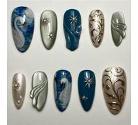 Nymora Press On Nails Almond Shape - 24Pcs Medium Length Fake Nails with Glue, 3D Gilded Stars & Moon Design, Jelly Gel Tabs for Women Girls