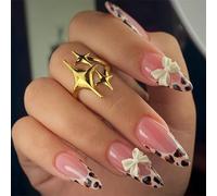 Nymora Press on Nails Almond Short, Fake Nails with 3D Leopard Bow Design & French Tip, 24pcs Reusable Artificial Nail Kit for Women Girls