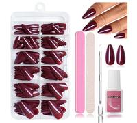 Nymora Press on Nails, Pack of 240 False Nails for Sticking, Soft Gel Tips, ABS Material, Includes Nail Glue 8 ml, Nail File, Cuticle Pusher, Storage Box (Dark Red - Almond)