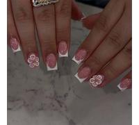 Nymora Square Press on Nails, 24pcs French Tip False Nails with White Edge & Flower Rhinestone Design, Short Square Fake Nail Tips, Removable Jelly-Gel Nail Art Accessories for Women