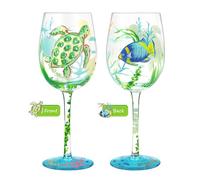 NymphFable 100% Hand-Painted Wine Glass Oceans Turtles Seagrasses Glass Artisan Painted Glass 15oz Gift for Friend Family (1 Piece)