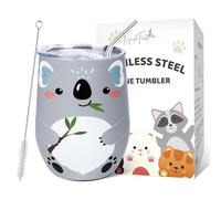 NymphFable 12oz Koala Insulated Tumbler with Lid and Straw Stainless Steel Wine Tumbler, Stemless Wine Glass Coffee Mug