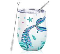NymphFable 12oz Mermaid Cup for Women Wine Tumbler with Lid and Straw Stainless Steel Insulated Travel Mug Double Wall