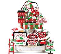 NymphFable 14pcs Christmas Tiered Tray Decor, Gnome Wooden Decorative Tray Ornaments for Xmas Tabletop Home Fireplace Shelf Sign Decor Gift for Family Friends