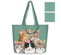 NymphFable 2 Pack Tote Bag Reusable Cute Cats Green Shopping Bags Washable Foldable Polyester Grocery Bags