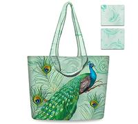 NymphFable 2 Pack Tote Bag Reusable Peacock Green Shopping Bags Washable Foldable Polyester Grocery Bags