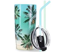 NymphFable 20oz Palm Tree Tropical Cup Insulated Travel Mug Tumbler with Straw and Lid Stainless Steel Double Wall