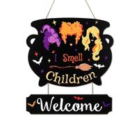 NymphFable 2pcs Halloween Wooden Wall Decor, Witches Crucible Smell Children Welcome Wooden Hanging Signs for Halloween Room Decor Front Door Fence Plaque, 15.7x13.4 in