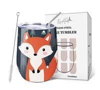 NymphFable 350ml Fox Travel Coffee Mug Insulated Wine Tumbler with Lid and Straw Stainless Steel Fox Coffee Cups