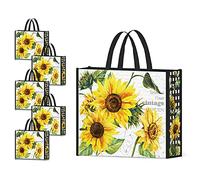 NymphFable 5 Pack Reusable Shopping Bags Sun Flowers Washable Grocery Bags Fabric Tote Bag
