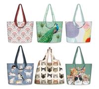 NymphFable 6 Pack Tote Bag Reusable Cat Peacock Abstract Pattern Shopping Bags Washable Foldable Polyester Grocery Bags