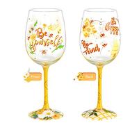 NymphFable Bee Gifts Hand Painted Wine Glass Be Yourself Daisy Decorative Wine Glasses Birthday Gift for Women, 15oz