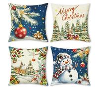 NymphFable Blue Christmas Cushion Covers 45 x 45 cm Set of 4, Snowman Linen Decorative Throw Pillow Covers for Sofa Living Room Bedroom