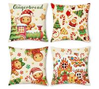 NymphFable Christmas Cushion Covers 18x18 Inch Set of 4, Gingerbread Men Christmas Tree Decorative Throw Pillow Covers Cozy Linen Pillowcases for Sofa Couch Bedroom Living Room Decor