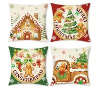 NymphFable Christmas Gingerbread Cushion Covers 45 x 45 cm Set of 4, Gingerbread Men Xmas Tree Linen Decorative Throw Pillow Covers for Sofa Couch Bedroom Living Room Decor