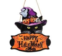 NymphFable Funny Cat Wooden Wall Decor, Black Cat in Witch Hat Happy Halloween Front Door Decor Quirky Animal Wooden Hanging Plaque, 11.4x10.6 in