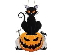NymphFable Halloween Cat Wall Decor, Spooky Pumpkin Black Cat Front Door Decor for Window Door Indoor Outdoor Creepy Holiday Porch Decoration 15.8x10.6 in